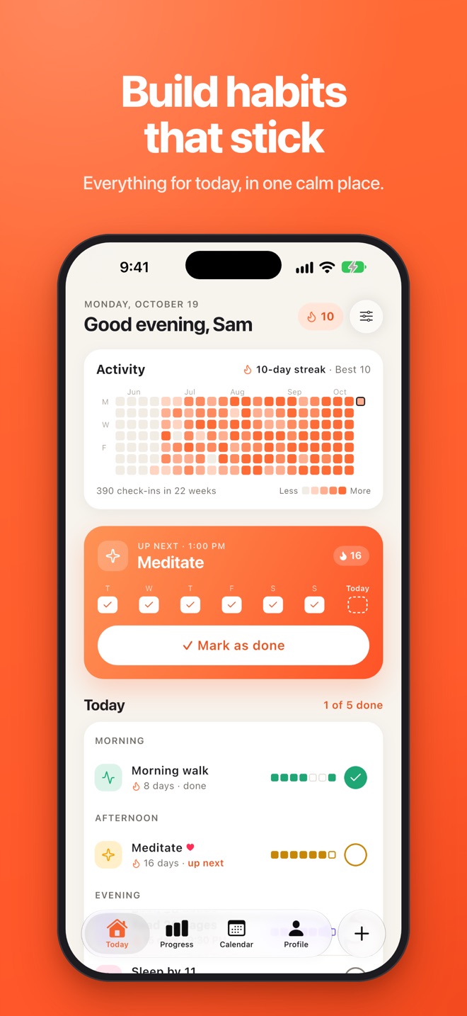 Streak's Today screen with a progress ring and the day's habits