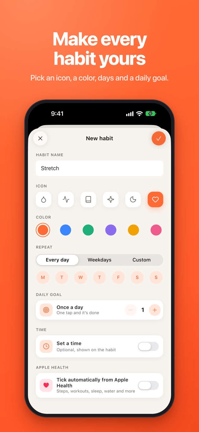 New habit form with icon, colour and days